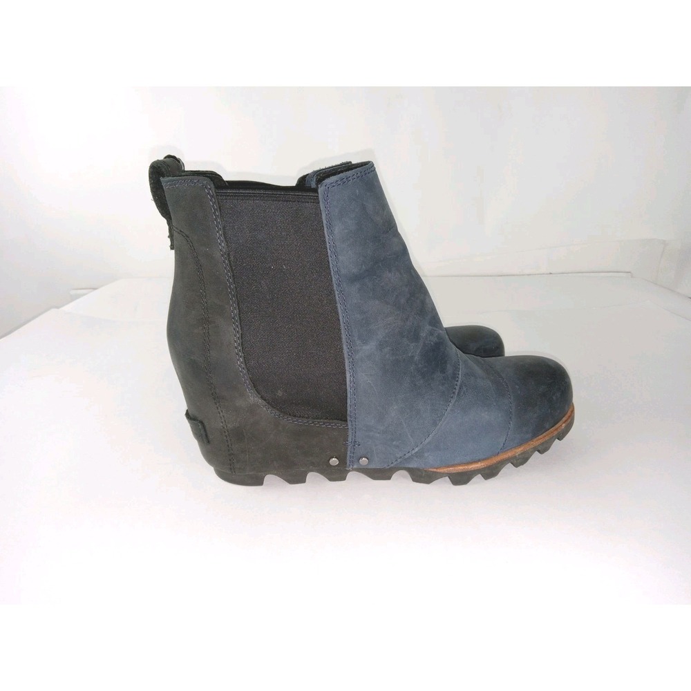 Sorel Boots Joan Of Arctic II Wedge Chelsea Leather Black Blue Waterproof Sz 8.5